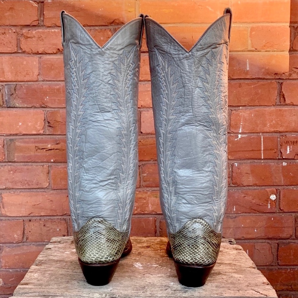 SOLD Larry Mahan Vintage Snakeskin Gray Leather Knee High Cowboy Western BootS - Picture 6 of 9